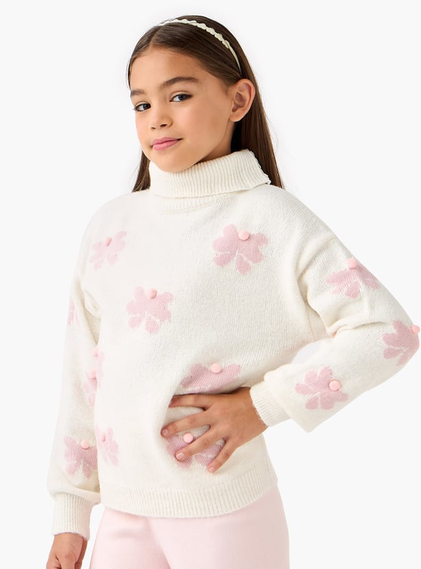 Juniors Floral Print Pullover with Turtleneck