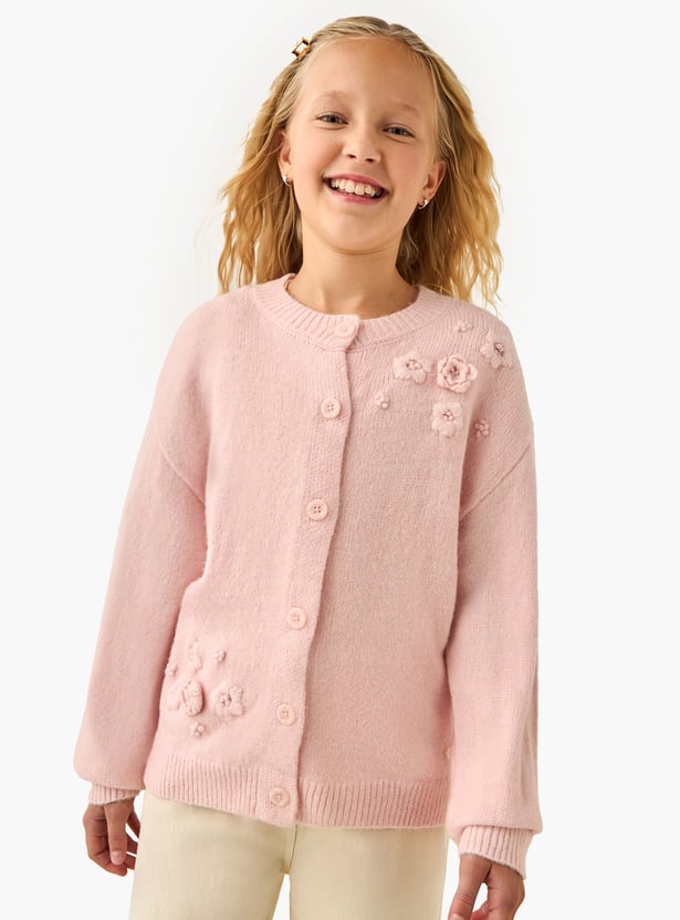 Juniors Floral Applique Neck Cardigan with Long Sleeves