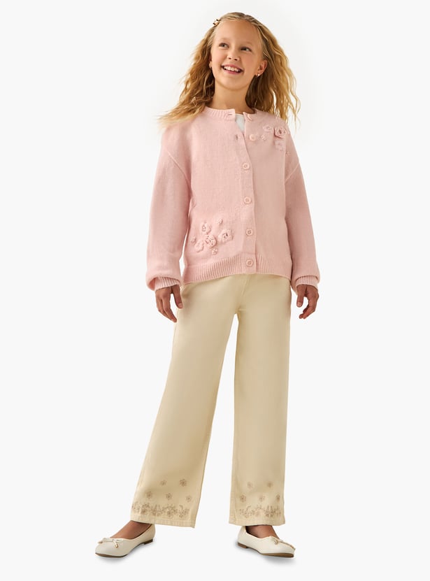 Juniors Floral Applique Neck Cardigan with Long Sleeves