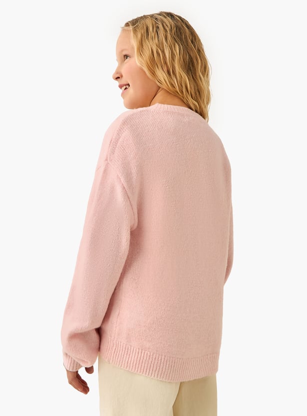 Juniors Floral Applique Neck Cardigan with Long Sleeves