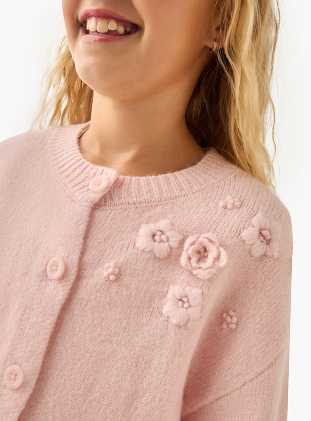 Juniors Floral Applique Neck Cardigan with Long Sleeves