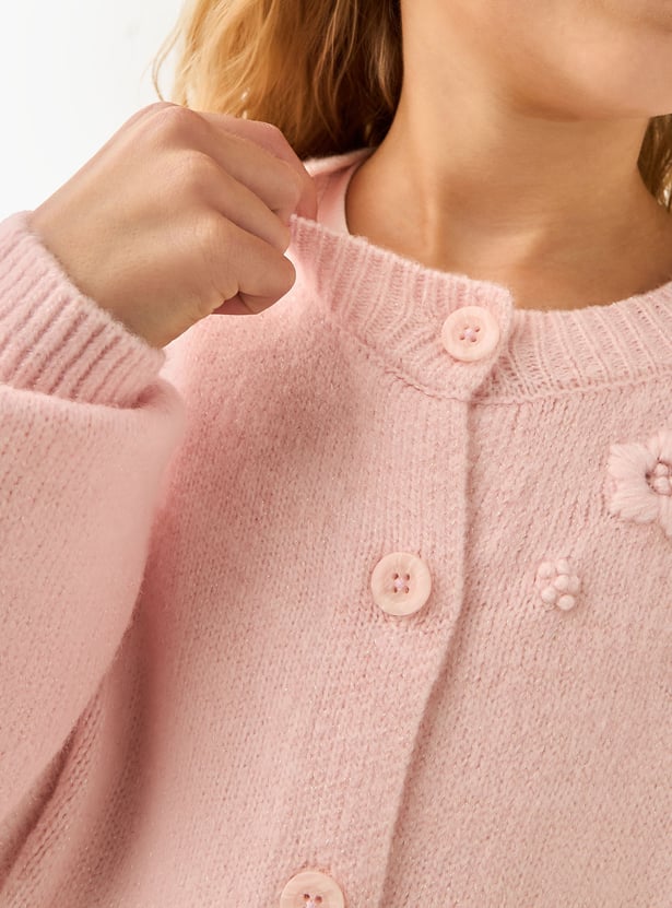 Juniors Floral Applique Neck Cardigan with Long Sleeves