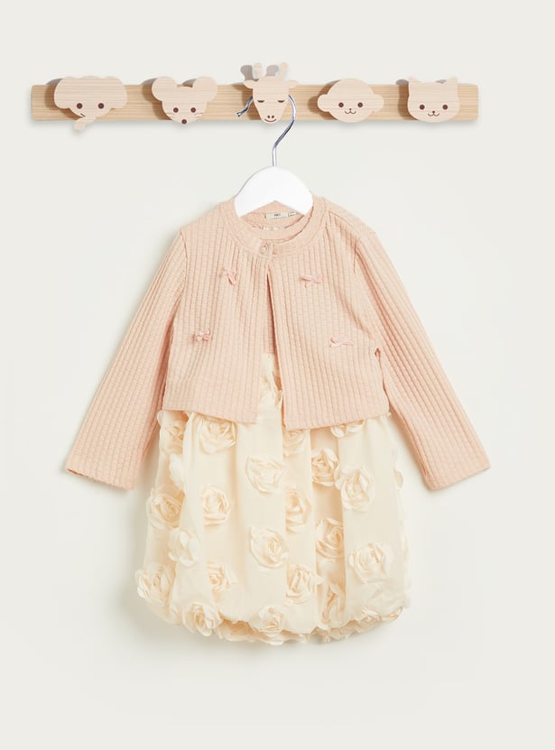 Juniors Floral Applique Dress with Cardigan