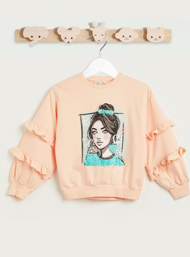 Juniors Graphic Print Sweatshirt with Ruffle Sleeves