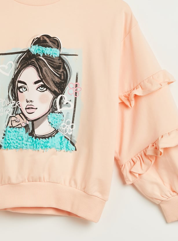 Juniors Graphic Print Sweatshirt with Ruffle Sleeves