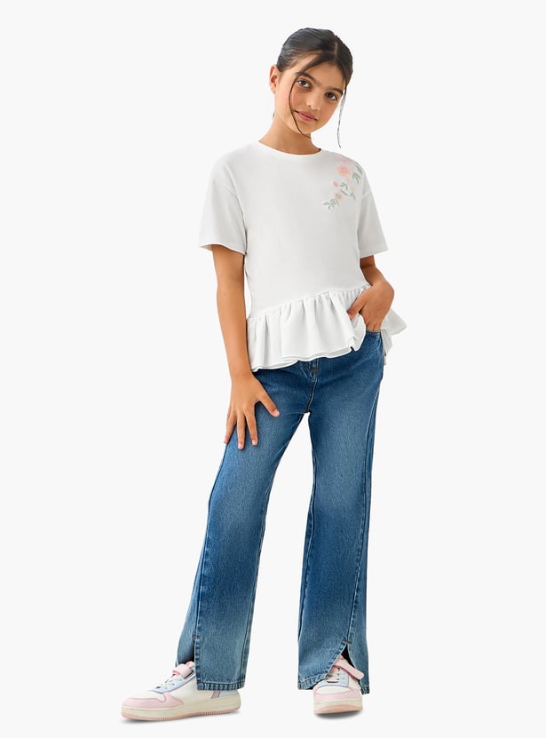 Juniors Floral Embroidered Peplum Top with Short Sleeves