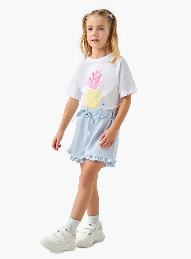 Juniors Graphic Print Round Neck T-shirt with Short Sleeves