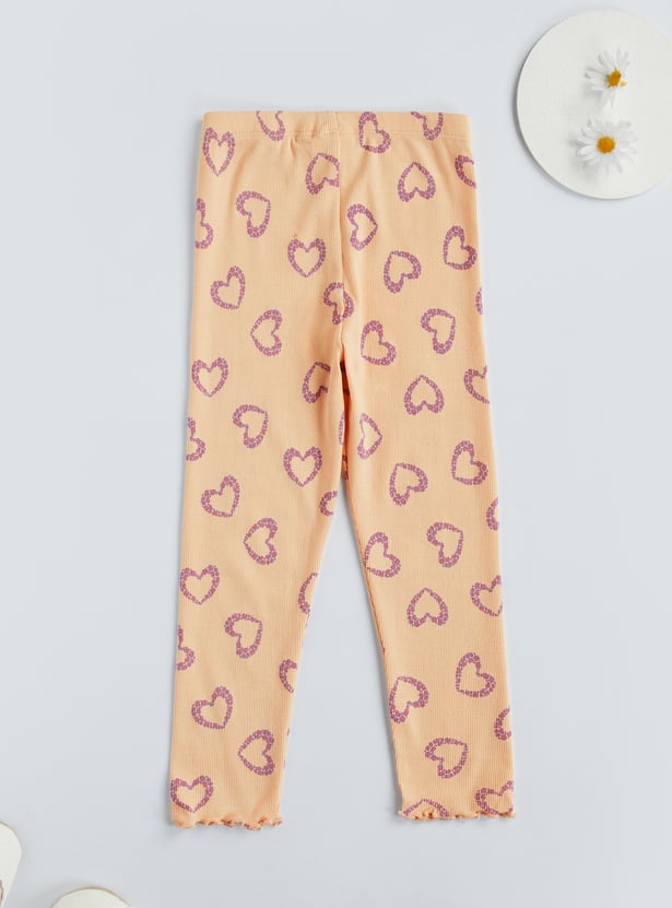 Juniors Heart Print Ribbed Leggings with Elasticated Waistband