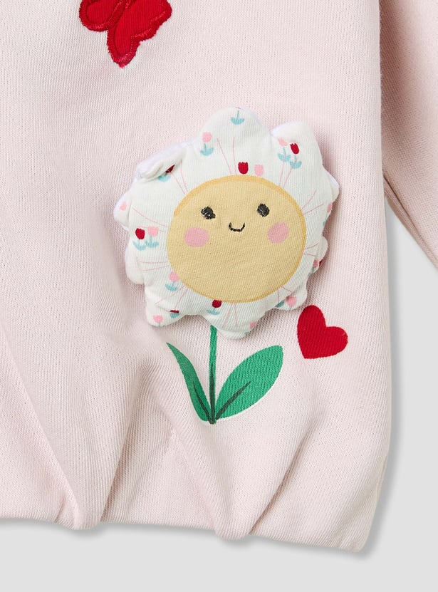 Juniors Flower Applique Hooded Sweatshirt with Long Sleeves