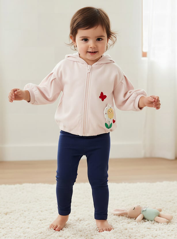 Juniors Flower Applique Hooded Sweatshirt with Long Sleeves