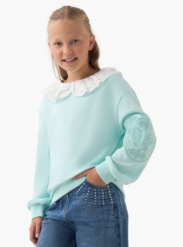 Juniors Embroidered Ruffled Collar Pullover with Long Sleeves
