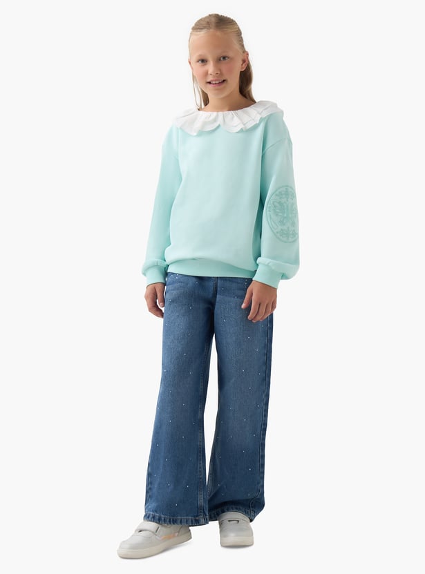 Juniors Embroidered Ruffled Collar Pullover with Long Sleeves