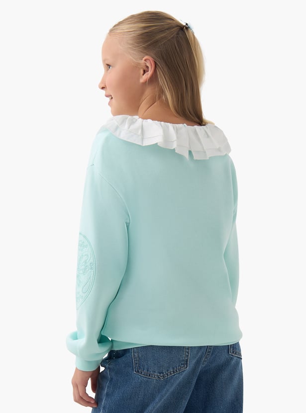 Juniors Embroidered Ruffled Collar Pullover with Long Sleeves