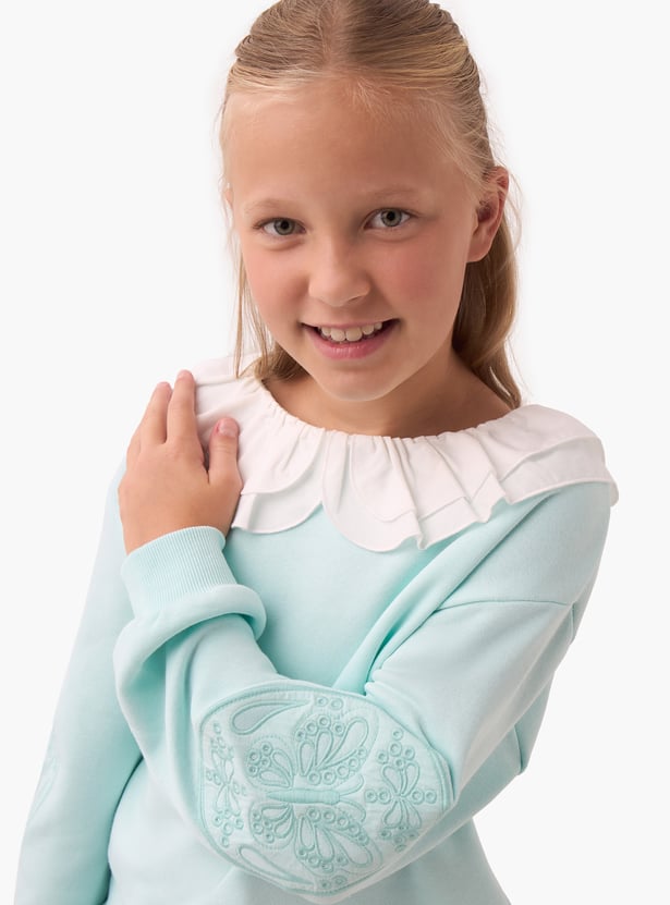 Juniors Embroidered Ruffled Collar Pullover with Long Sleeves