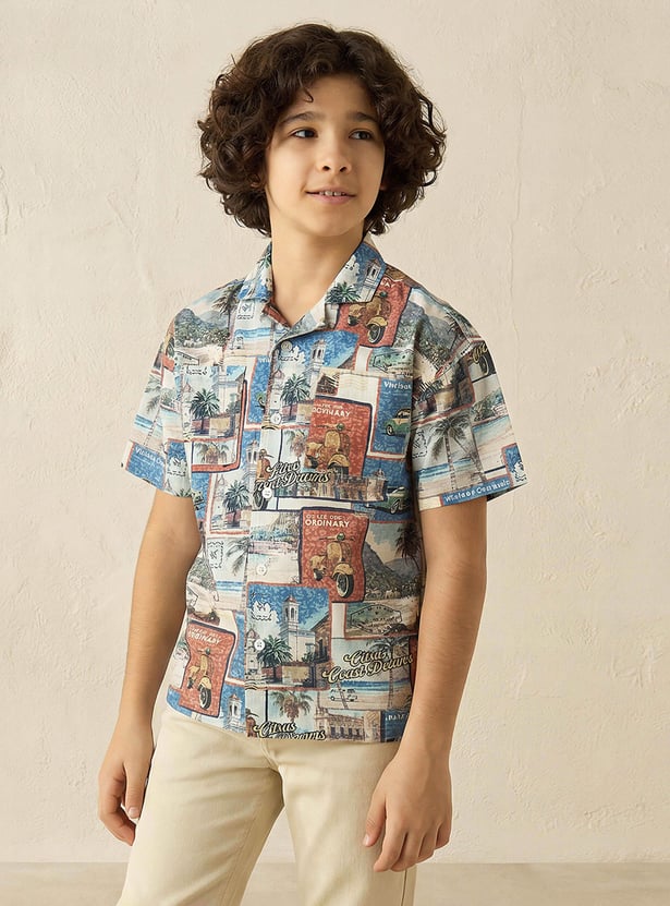 Juniors Printed Cuban Collar Shirt