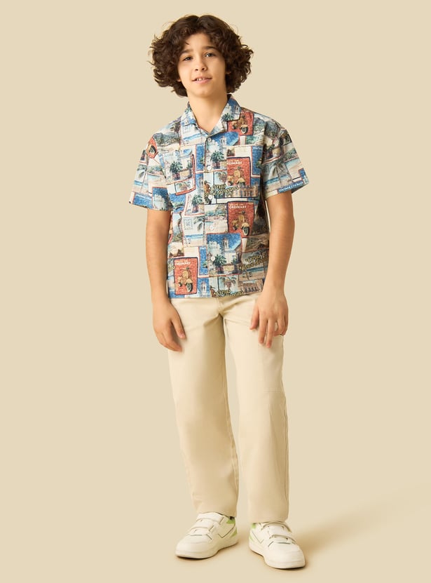 Juniors Printed Cuban Collar Shirt