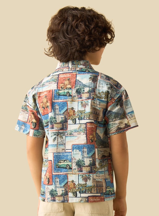 Juniors Printed Cuban Collar Shirt