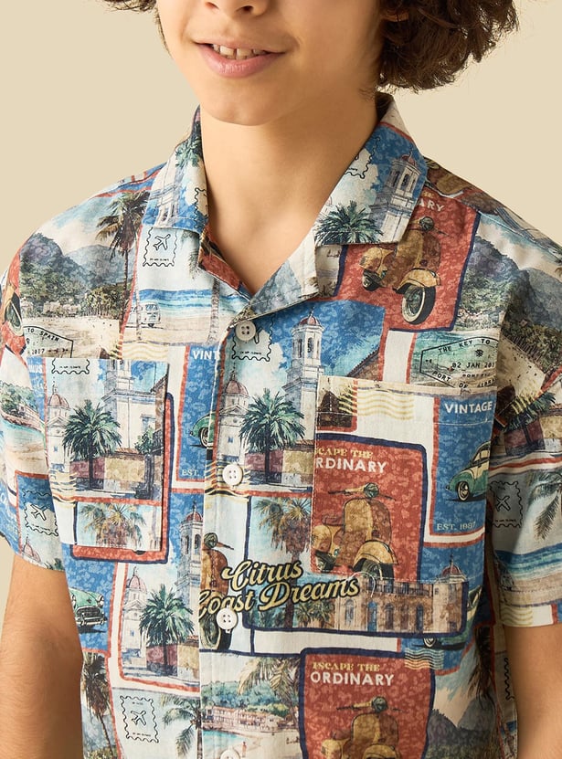 Juniors Printed Cuban Collar Shirt