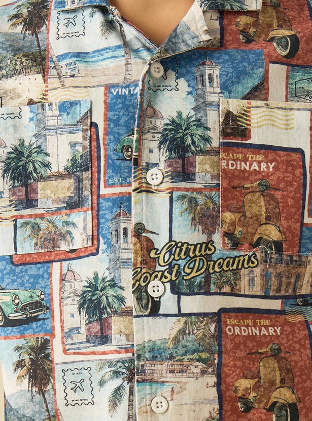 Juniors Printed Cuban Collar Shirt