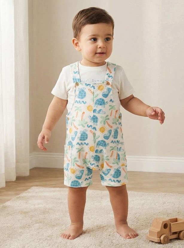 Juniors Graphic Print T-shirt and Dungaree Set