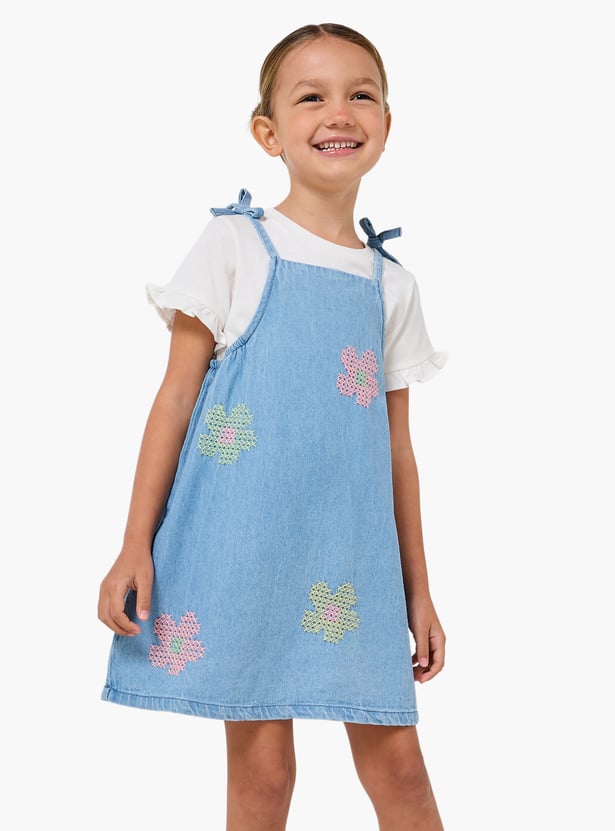 Juniors Embroidered Pinafore Dress with T-shirt
