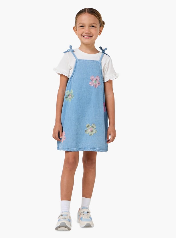 Juniors Embroidered Pinafore Dress with T-shirt