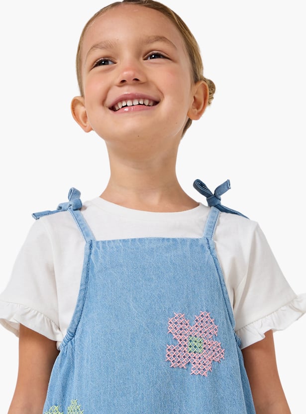Juniors Embroidered Pinafore Dress with T-shirt