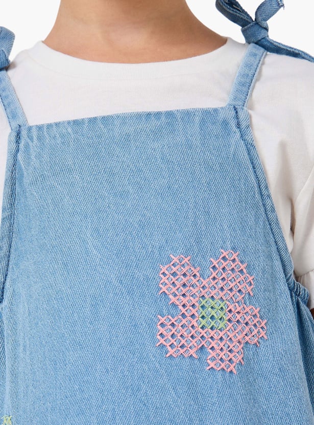 Juniors Embroidered Pinafore Dress with T-shirt