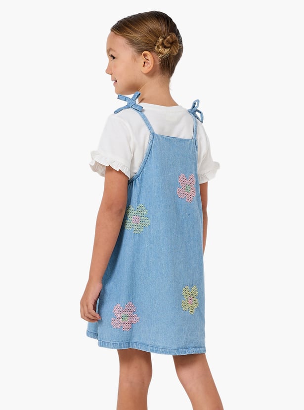 Juniors Embroidered Pinafore Dress with T-shirt