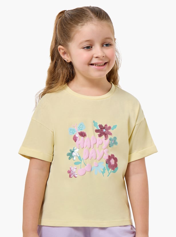Juniors Floral Sequin T-shirt