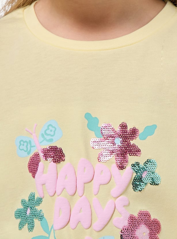 Juniors Floral Sequin T-shirt