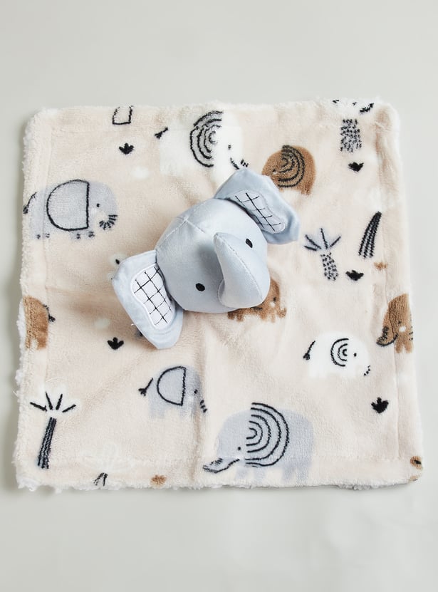 Juniors Elephant Print 2 Ply Blanket with a Plush Elephant Topper