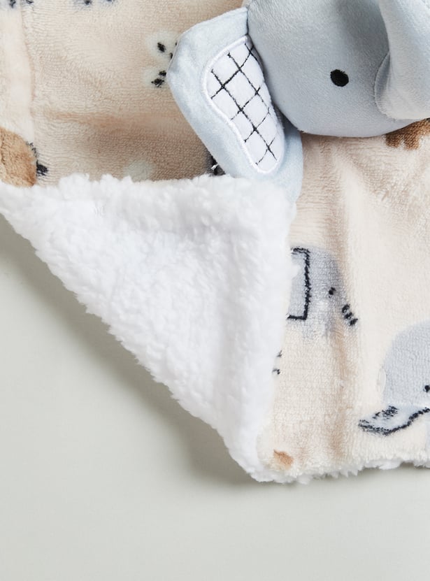 Juniors Elephant Print 2 Ply Blanket with a Plush Elephant Topper