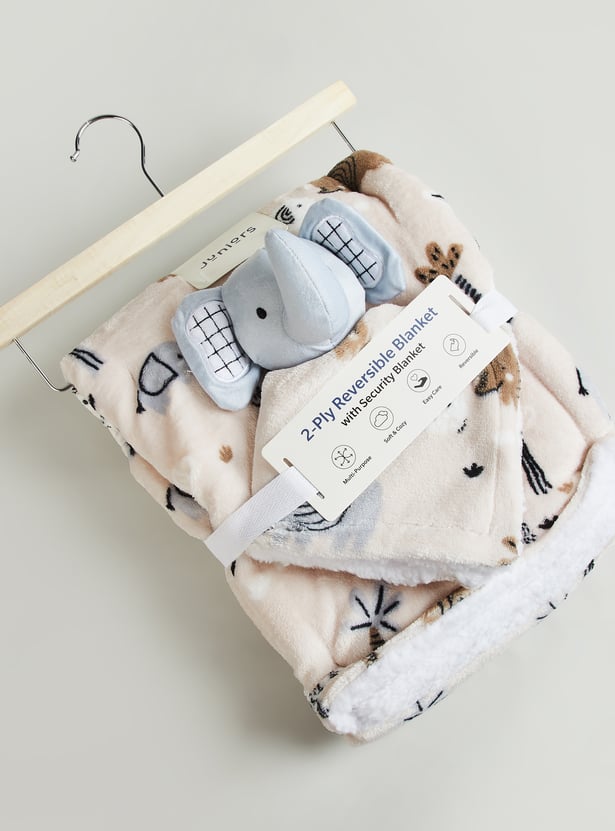 Juniors Elephant Print 2 Ply Blanket with a Plush Elephant Topper