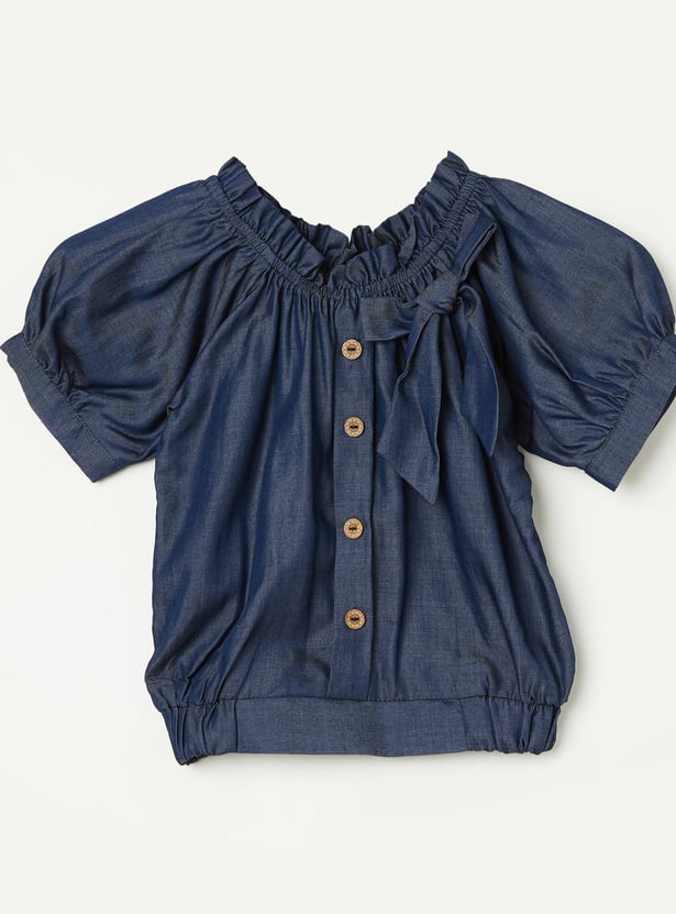 PEPPERMINT Girls Solid Blouson Top with Bow-Detail
