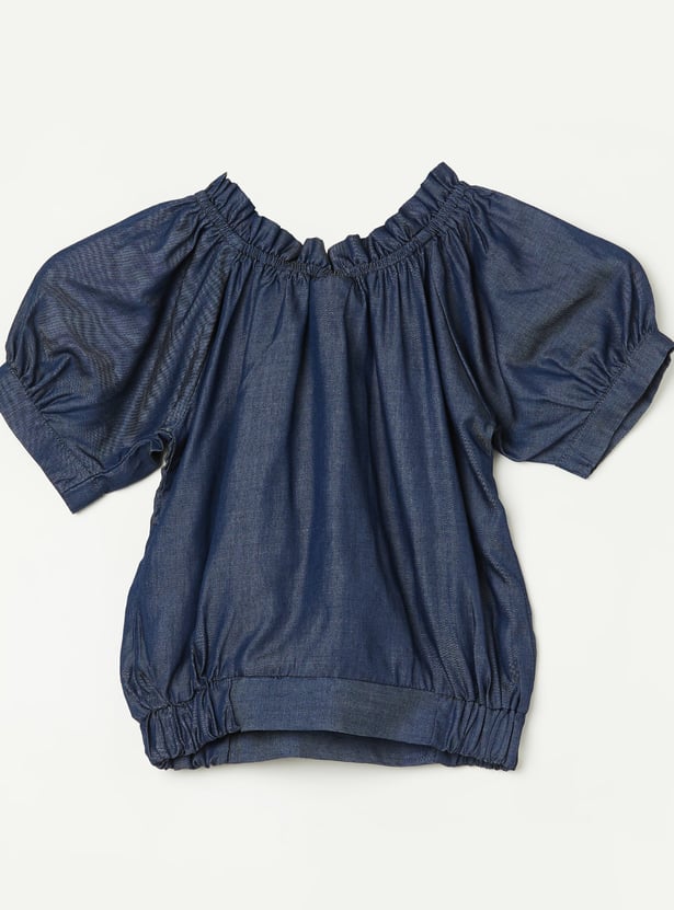 PEPPERMINT Girls Solid Blouson Top with Bow-Detail