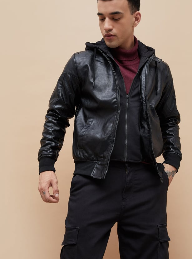 BOSSINI Textured Hooded Biker Jacket