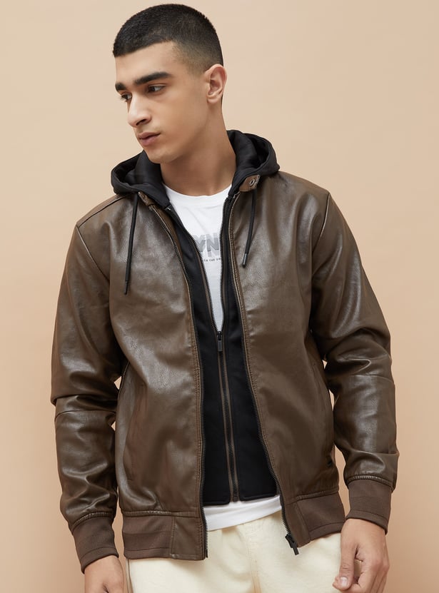 BOSSINI Textured Hooded Biker Jacket