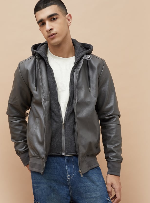 BOSSINI Textured Hooded Biker Jacket