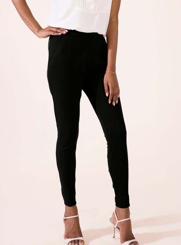 GO COLORS Solid Panelled Knit Treggings