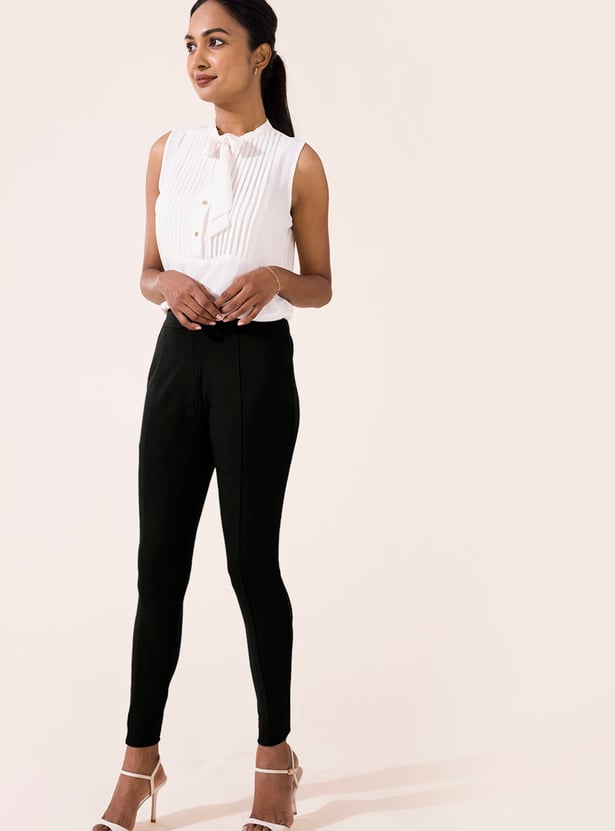 GO COLORS Solid Panelled Knit Treggings