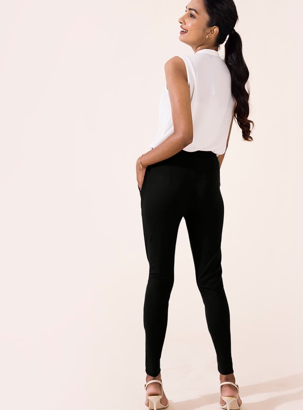 GO COLORS Solid Panelled Knit Treggings