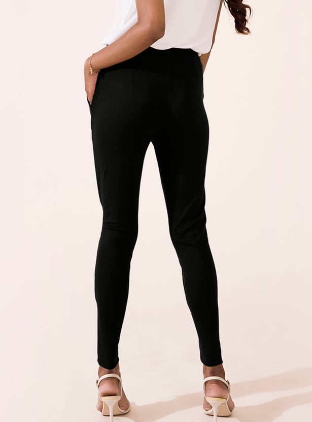 GO COLORS Solid Panelled Knit Treggings