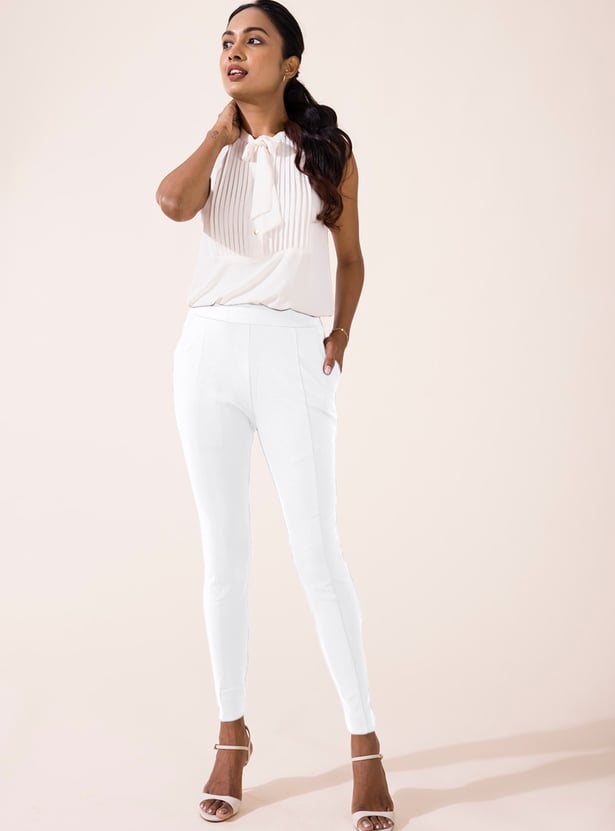 GO COLORS Solid Panelled Knit Treggings