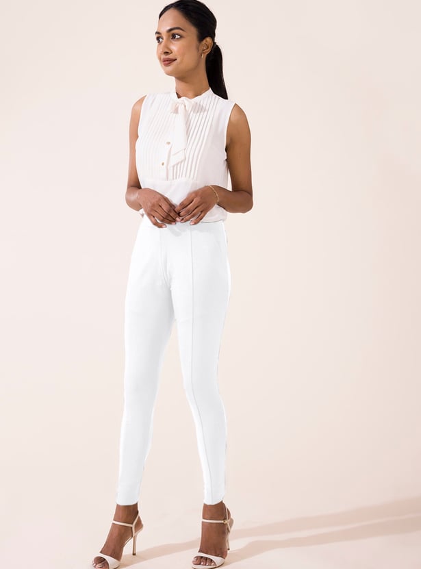 GO COLORS Solid Panelled Knit Treggings