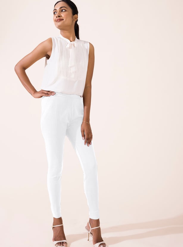 GO COLORS Solid Panelled Knit Treggings