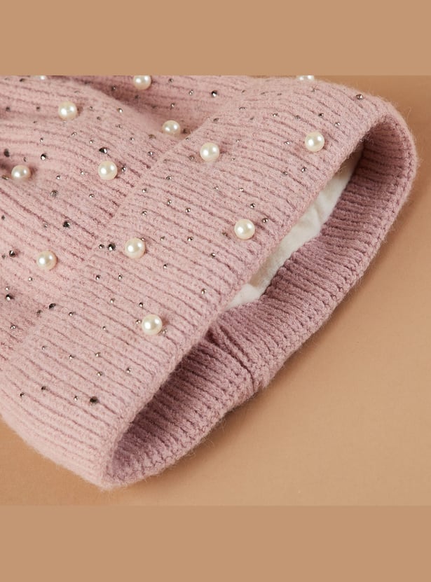 FAME FOREVER Pearl Embellished Beanie