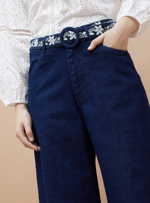 COLOUR ME Embroidered High-Rise Wide-Leg Jeans