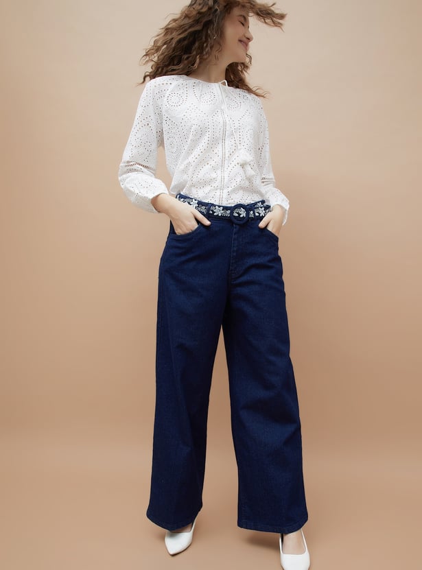 COLOUR ME Embroidered High-Rise Wide-Leg Jeans