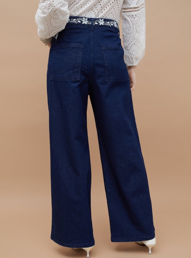 COLOUR ME Embroidered High-Rise Wide-Leg Jeans
